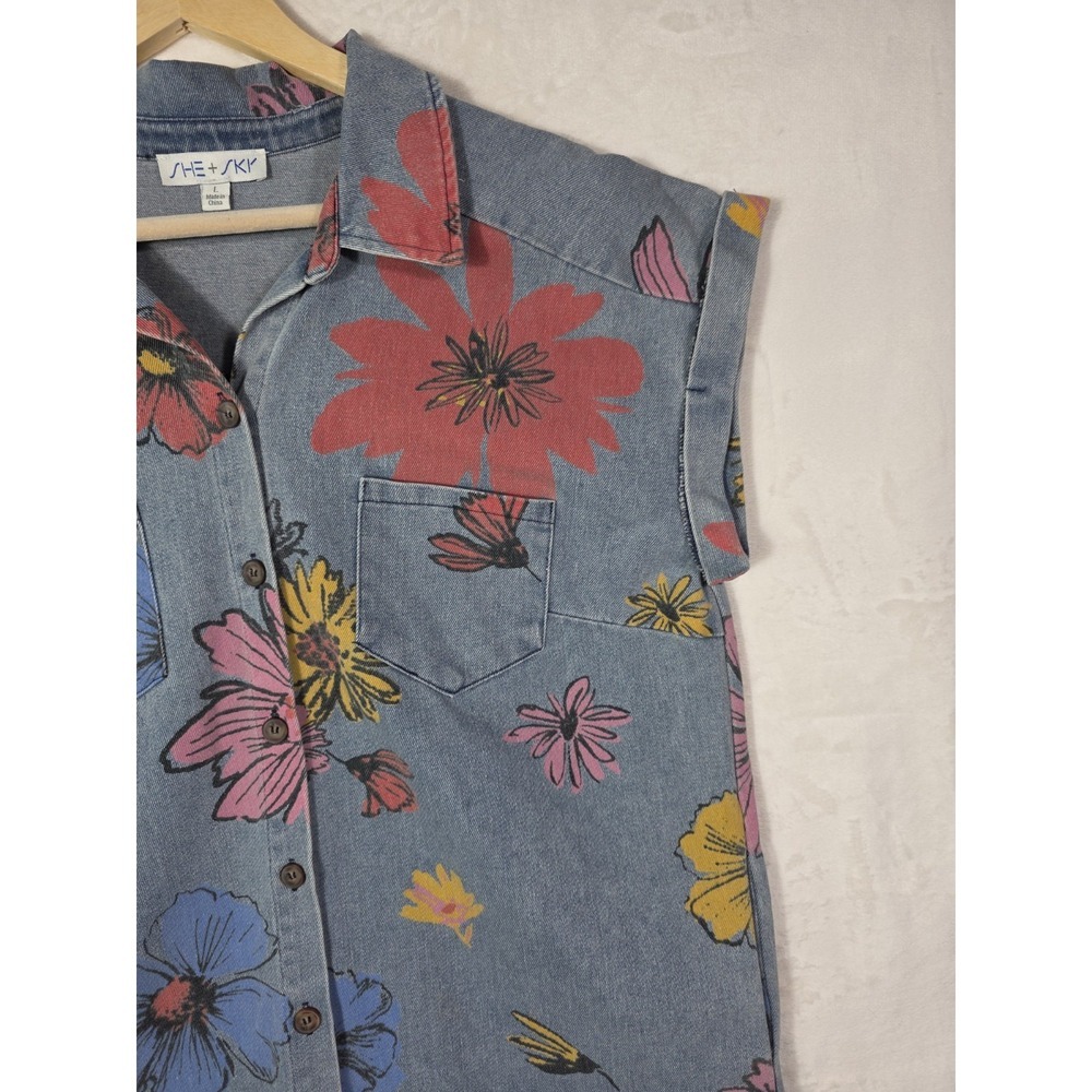 She + Sky Chambray Denim Floral Shirt Dress Button Front Tunic Boho Size L - Picture 4 of 10